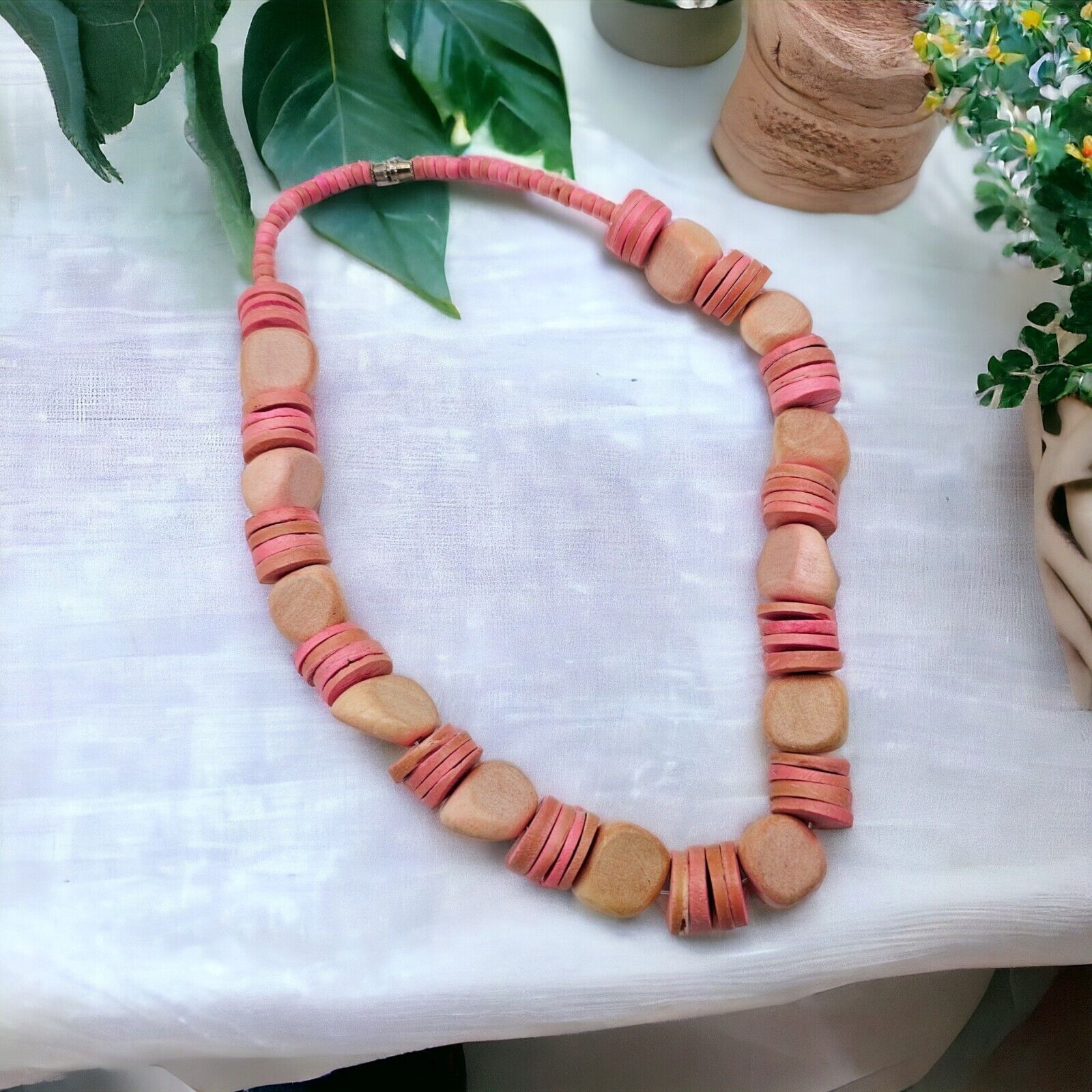 Boho Natural Wood Necklace Pink Chunky Pebble Bead Disks Statement Jewelry 17$